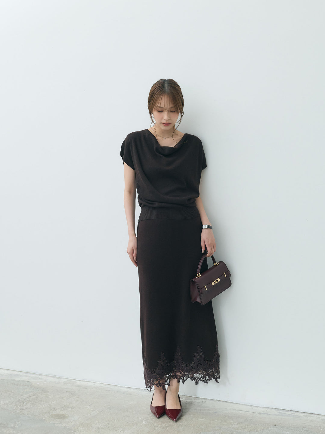 【Luxe series】ドレープニットトップス&裾レースニットスカートSET UP
