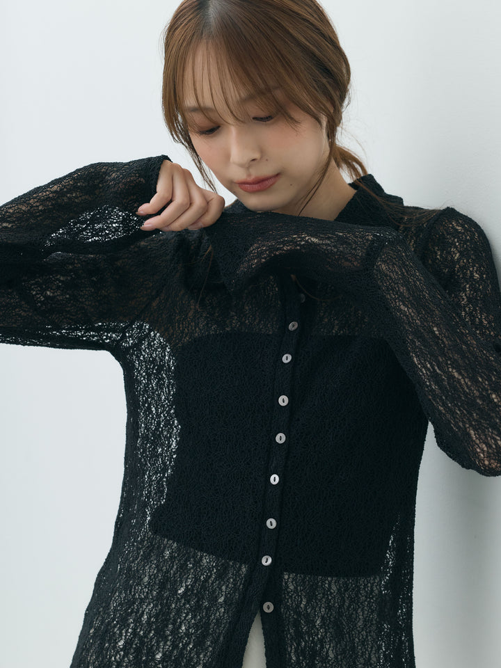 【SET】透かしレースポロカーディガン+ナローAラインサテンスカート(2set)