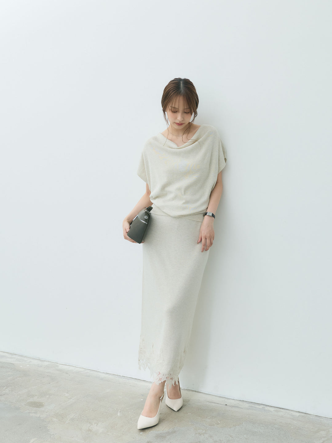 【Luxe series】ドレープニットトップス&裾レースニットスカートSET UP