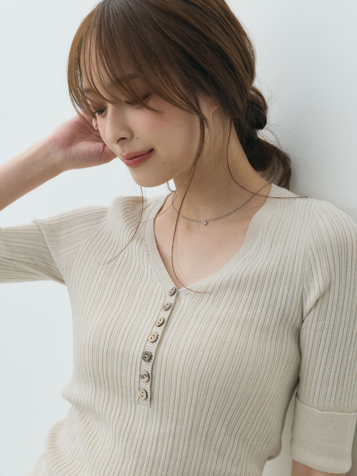 【SET】ボタンデザインVネック5部丈リブニットトップス+ボリュームチュールスカート(2set)