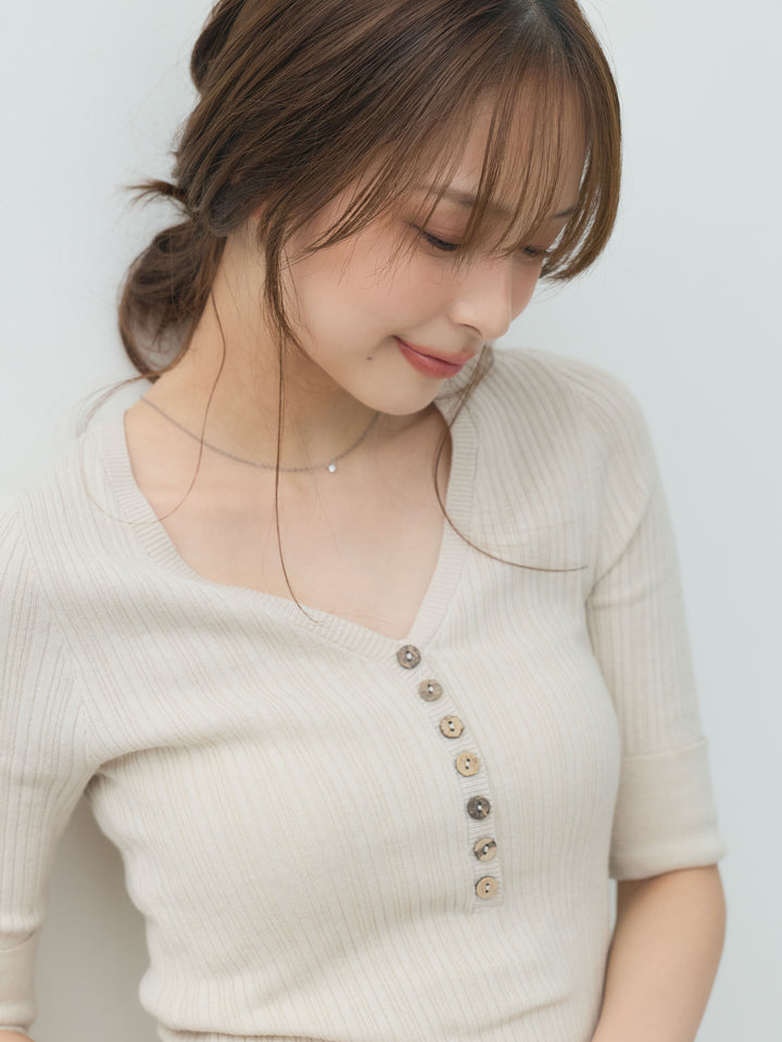【SET】ボタンデザインVネック5部丈リブニットトップス+ボリュームチュールスカート(2set)