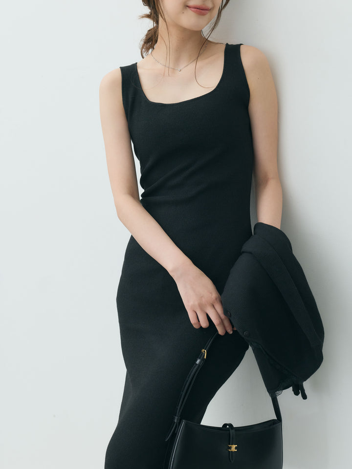 【Essential】Lace trim knit cardigan & Square neck knit one piece ensemble SET
