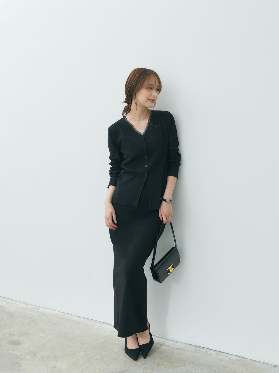 【Essential】Lace trim knit cardigan & Square neck knit one piece ensemble SET