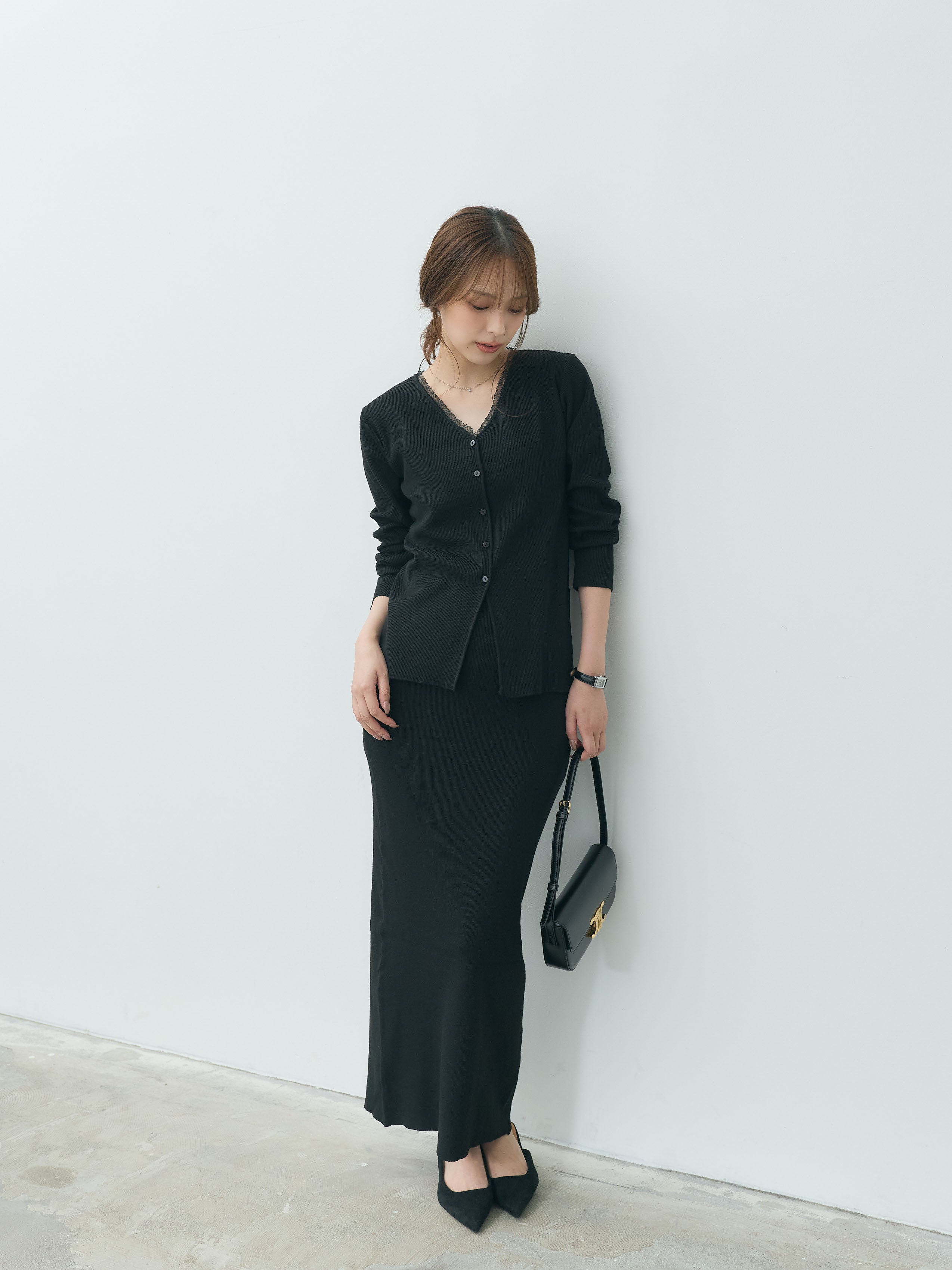 Essential】Lace trim knit cardigan & Square neck knit one piece