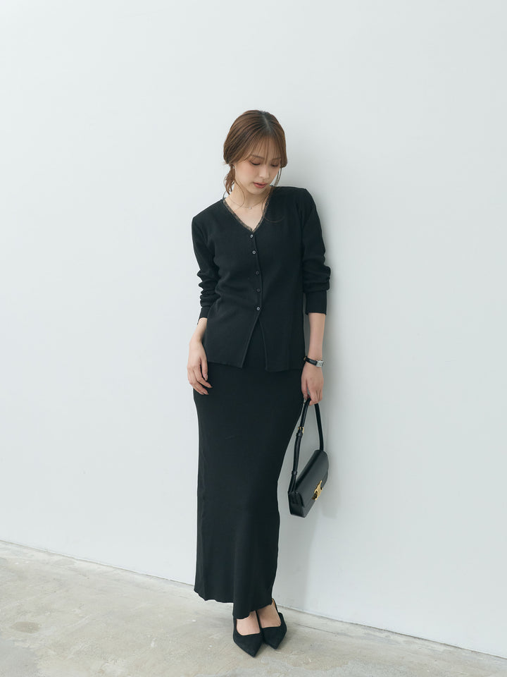 【Essential】Lace trim knit cardigan & Square neck knit one piece ensemble SET