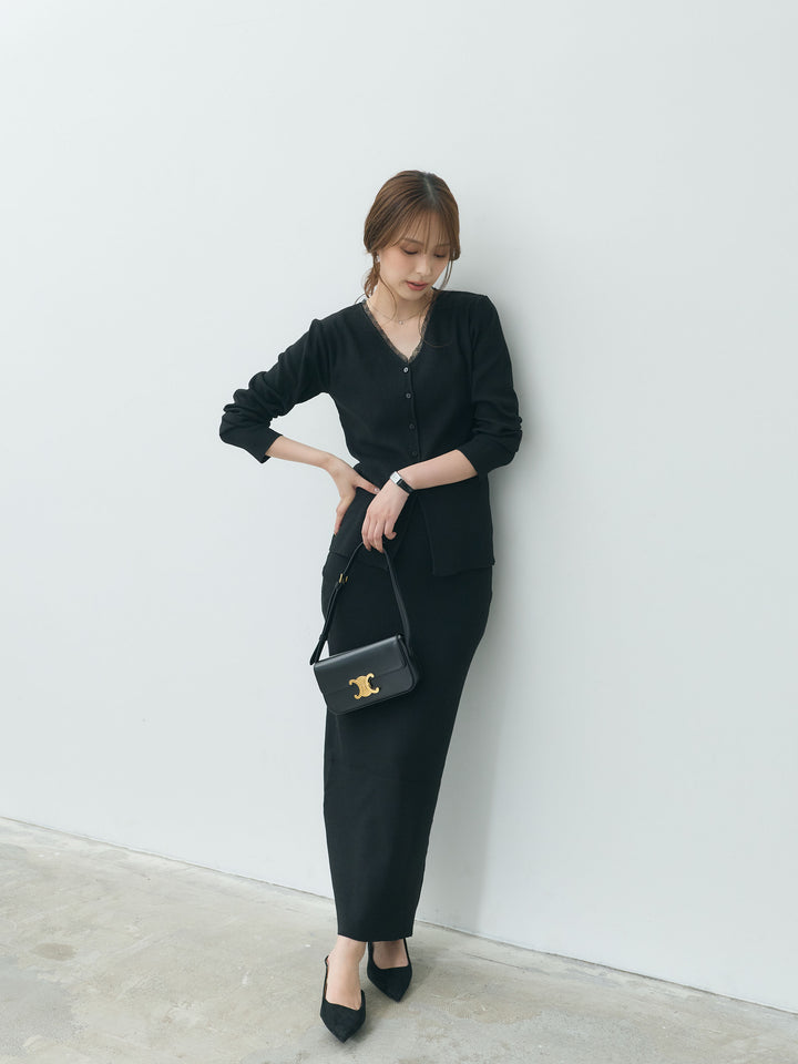 【Essential】Lace trim knit cardigan & Square neck knit one piece ensemble SET