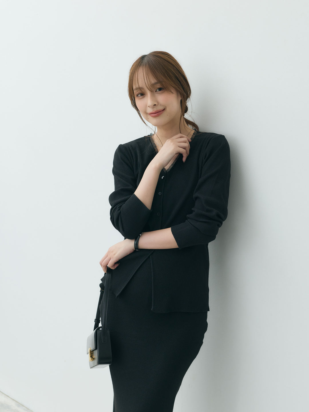 【Essential】Lace trim knit cardigan & Square neck knit one piece ensemble SET