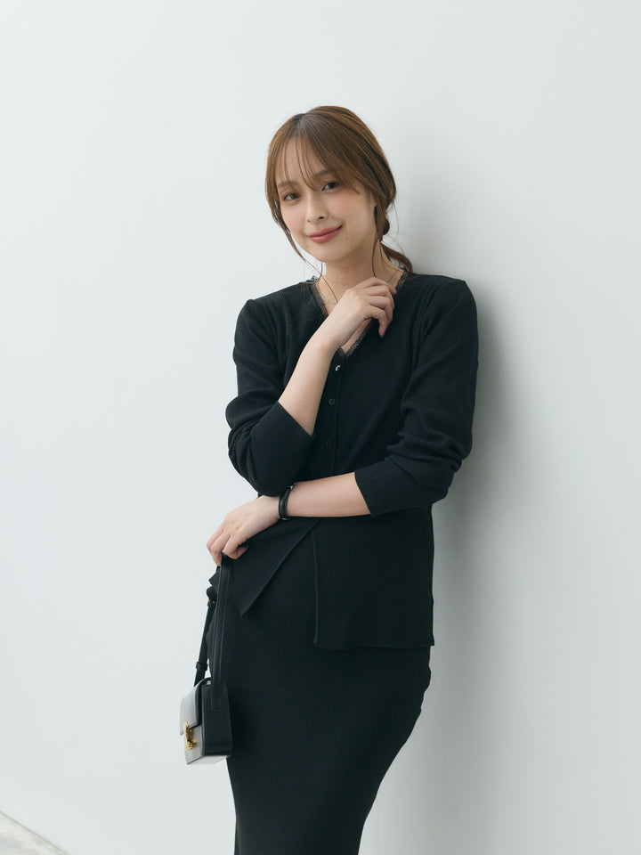 【Essential】Lace trim knit cardigan & Square neck knit one piece ensemble SET