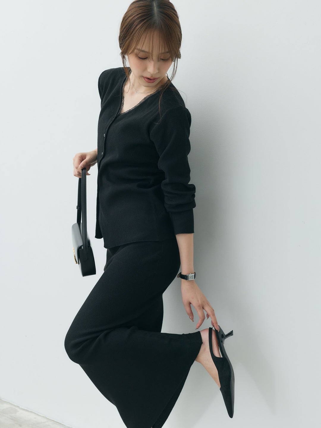 【Essential】Lace trim knit cardigan & Square neck knit one piece ensemble SET