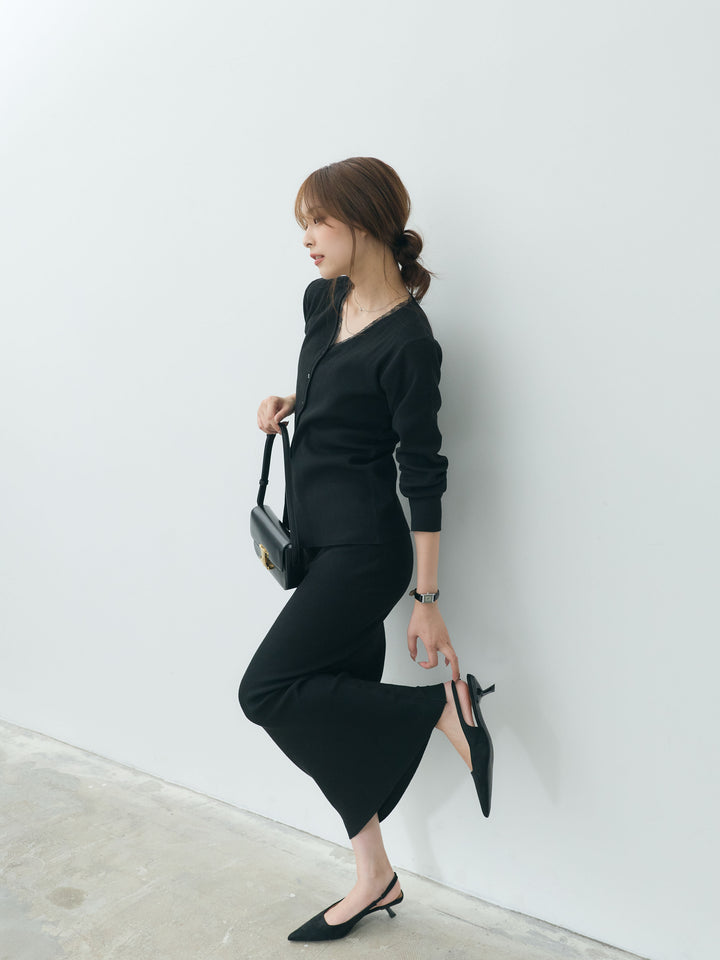 【Essential】Lace trim knit cardigan & Square neck knit one piece ensemble SET