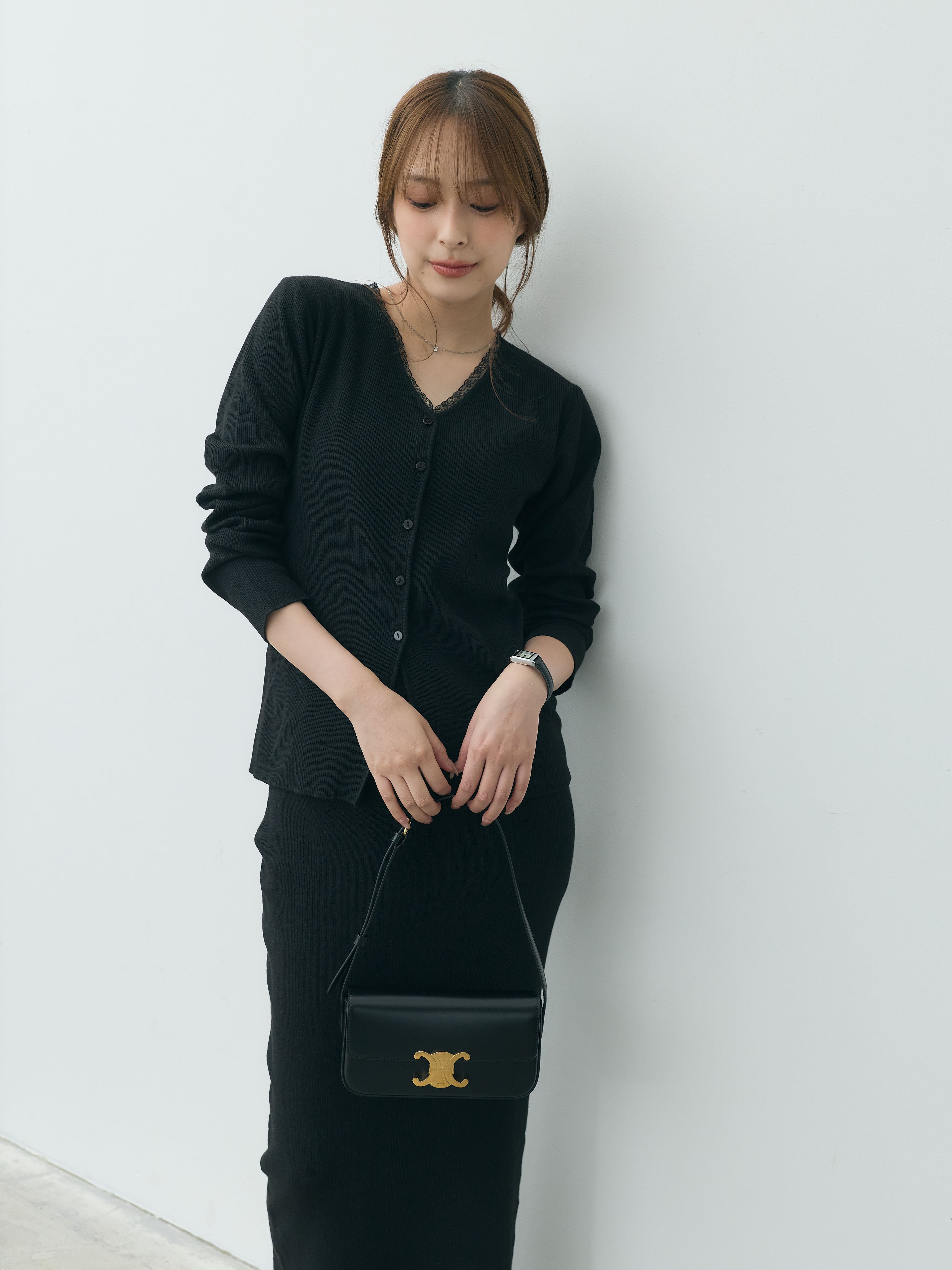 Essential】Lace trim knit cardigan & Square neck knit one piece