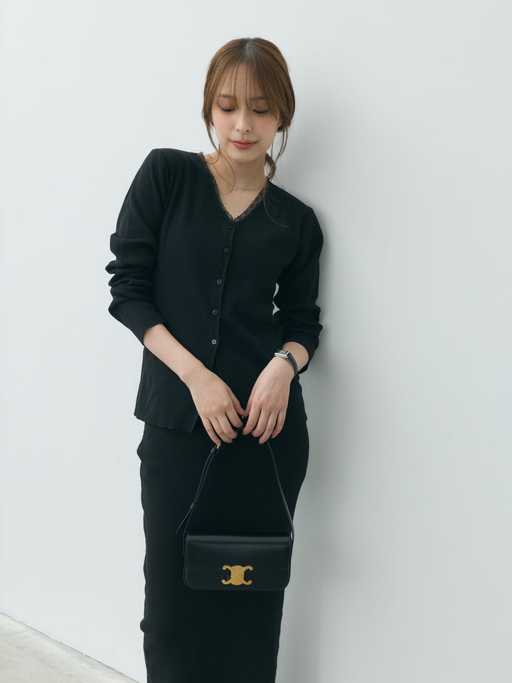 【Essential】Lace trim knit cardigan & Square neck knit one piece ensemble SET