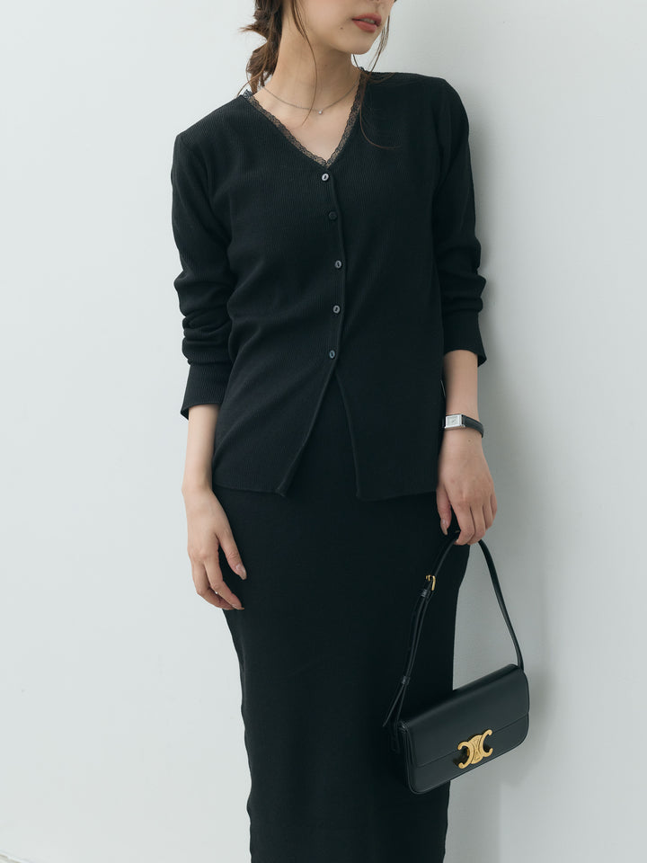 【Essential】Lace trim knit cardigan & Square neck knit one piece ensemble SET