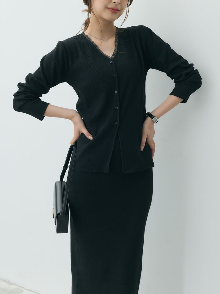 【Essential】Lace trim knit cardigan & Square neck knit one piece ensemble SET
