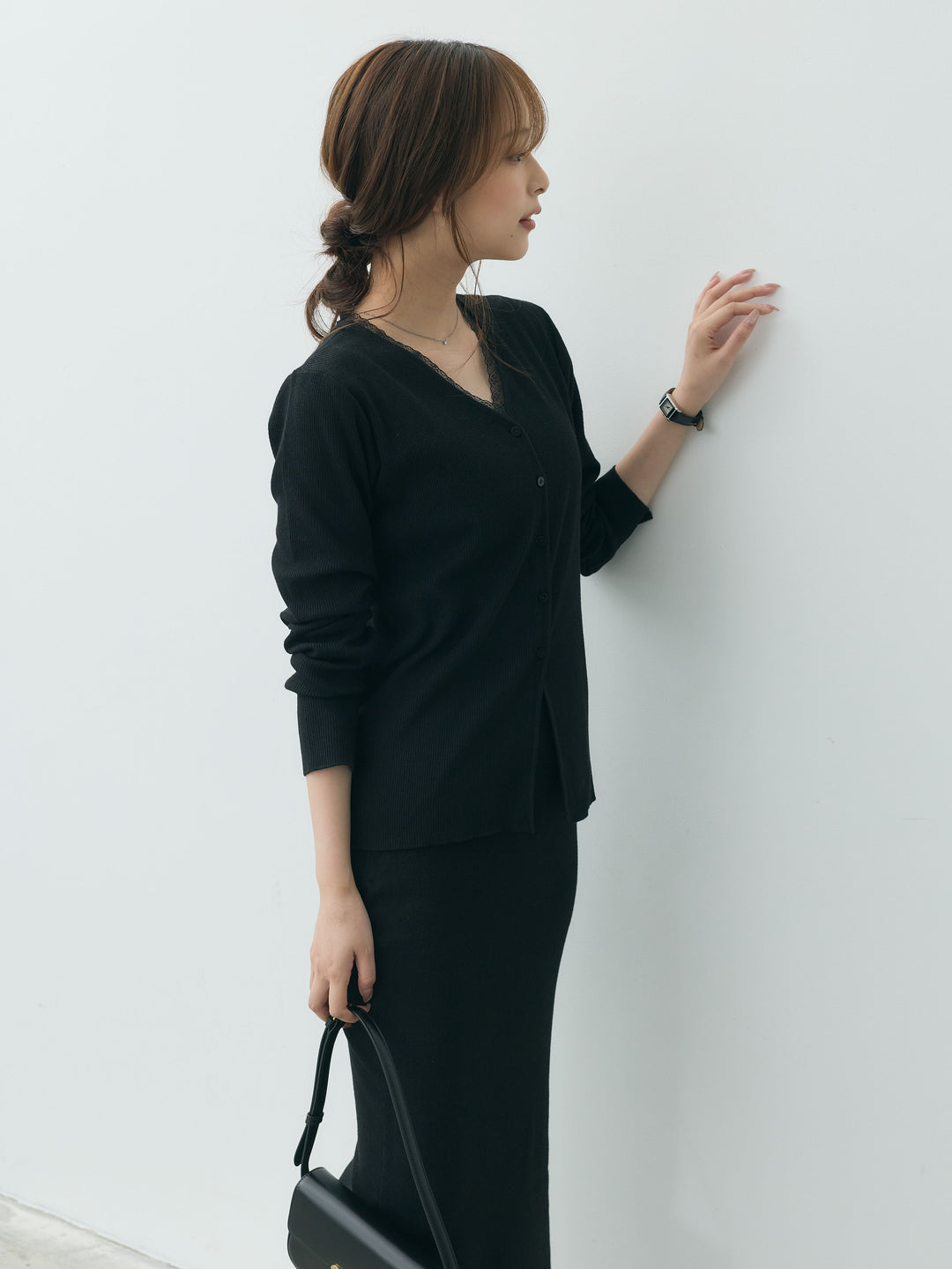 【Essential】Lace trim knit cardigan & Square neck knit one piece ensemble SET