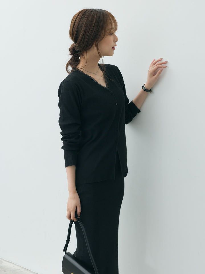 【Essential】Lace trim knit cardigan & Square neck knit one piece ensemble SET
