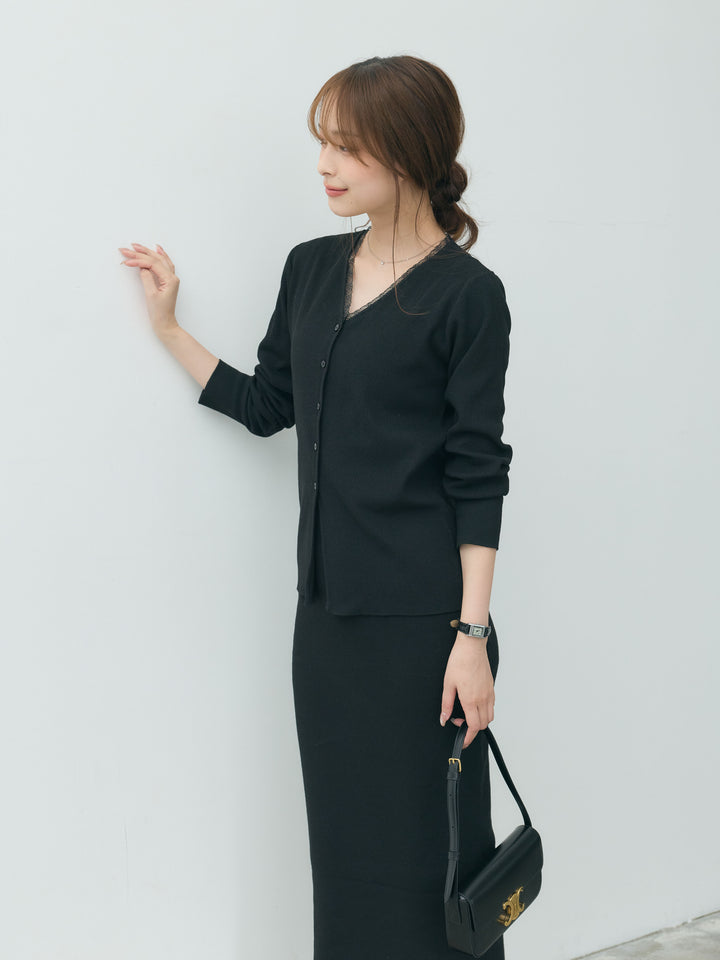【Essential】Lace trim knit cardigan & Square neck knit one piece ensemble SET