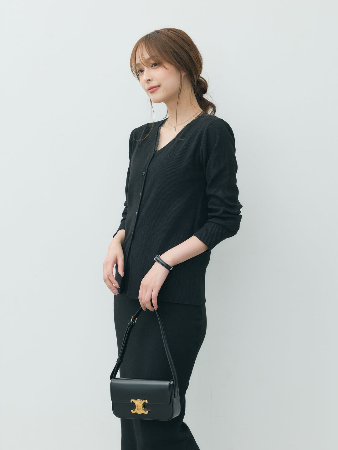 【Essential】Lace trim knit cardigan & Square neck knit one piece ensemble SET