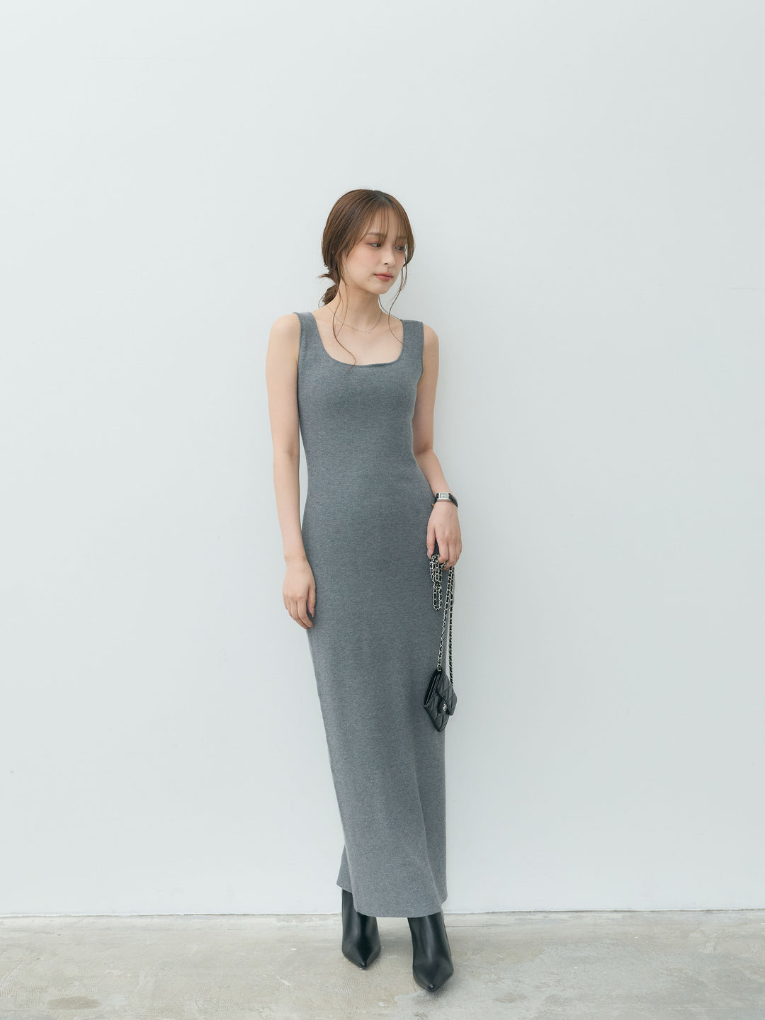 【Essential】Lace trim knit cardigan & Square neck knit one piece ensemble SET
