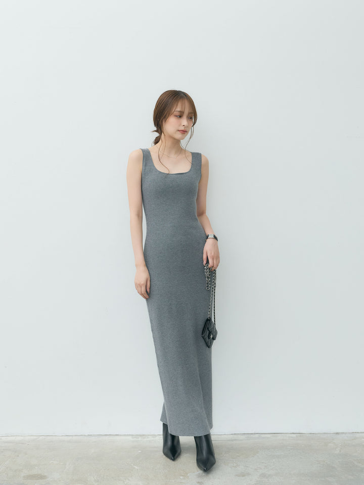 【Essential】Lace trim knit cardigan & Square neck knit one piece ensemble SET