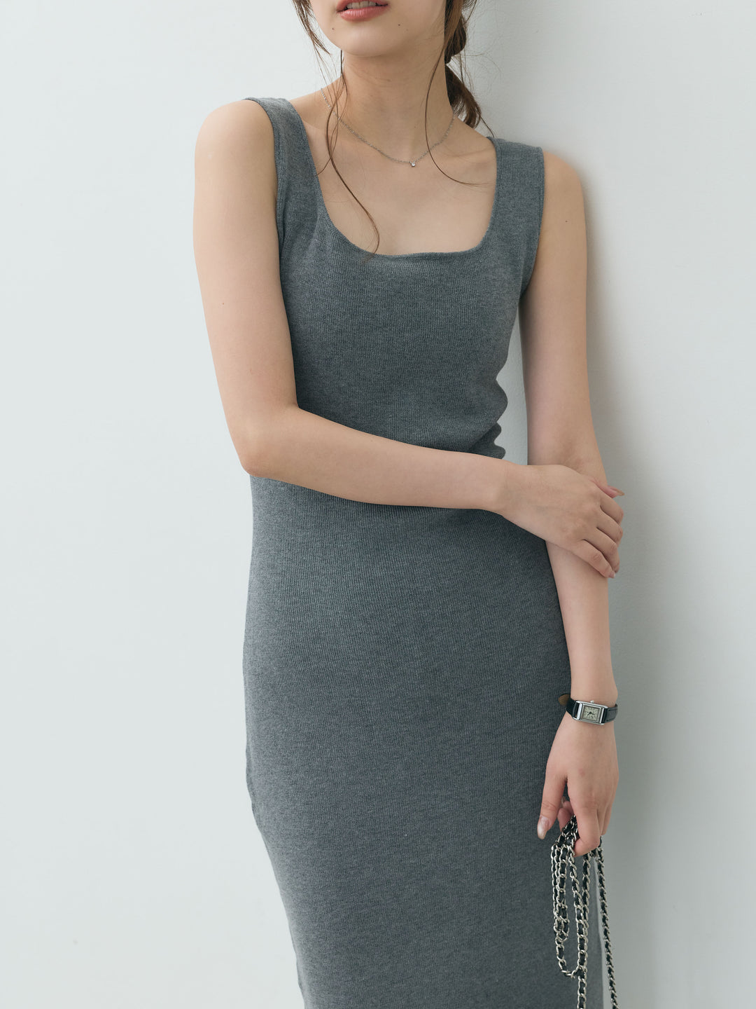 【Essential】Lace trim knit cardigan & Square neck knit one piece ensemble SET