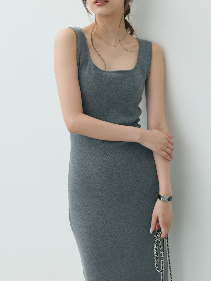 【Essential】Lace trim knit cardigan & Square neck knit one piece ensemble SET