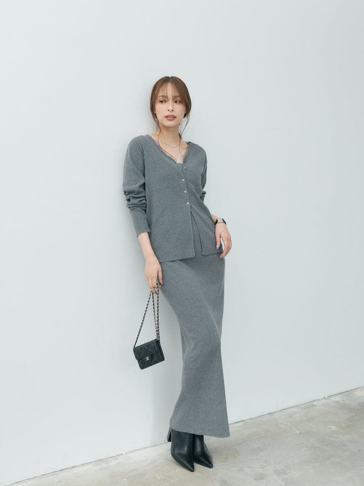 【Essential】Lace trim knit cardigan & Square neck knit one piece ensemble SET