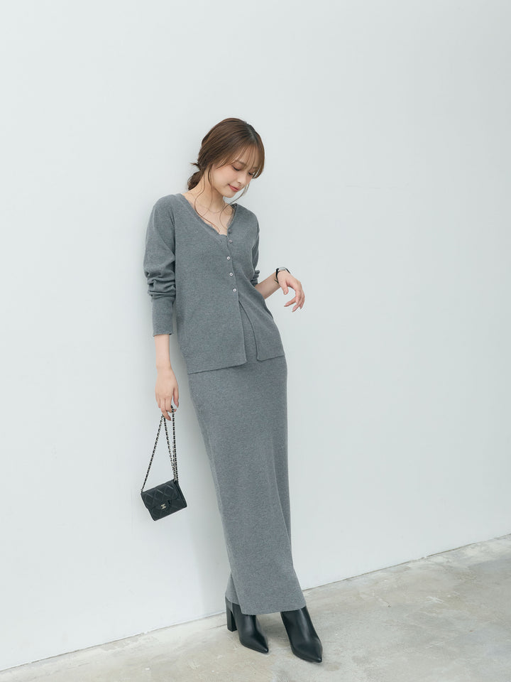 【Essential】Lace trim knit cardigan & Square neck knit one piece ensemble SET