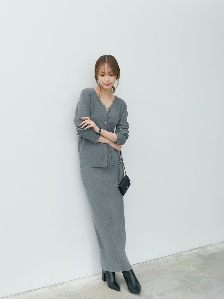 【Essential】Lace trim knit cardigan & Square neck knit one piece ensemble SET