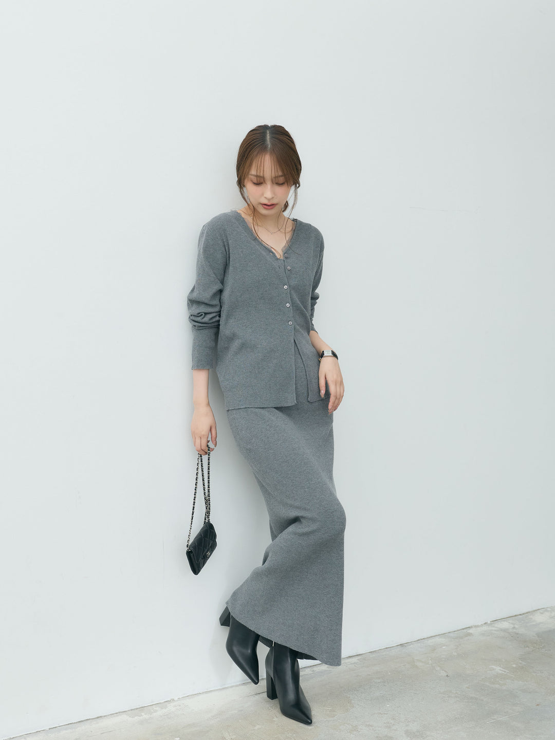 【Essential】Lace trim knit cardigan & Square neck knit one piece ensemble SET