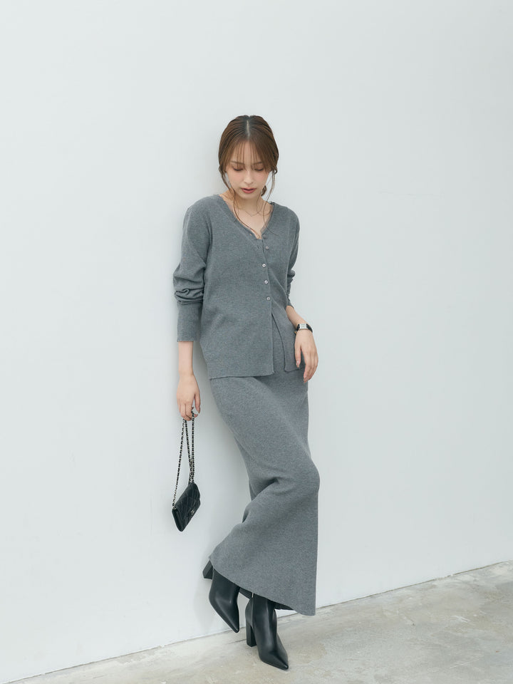 【Essential】Lace trim knit cardigan & Square neck knit one piece ensemble SET
