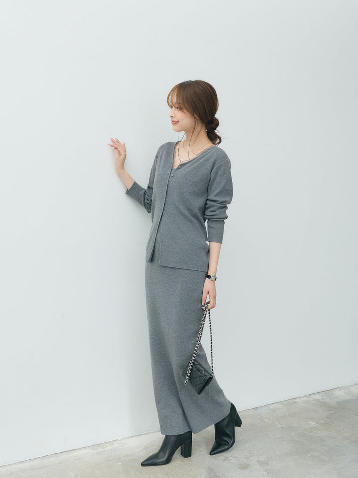 【Essential】Lace trim knit cardigan & Square neck knit one piece ensemble SET
