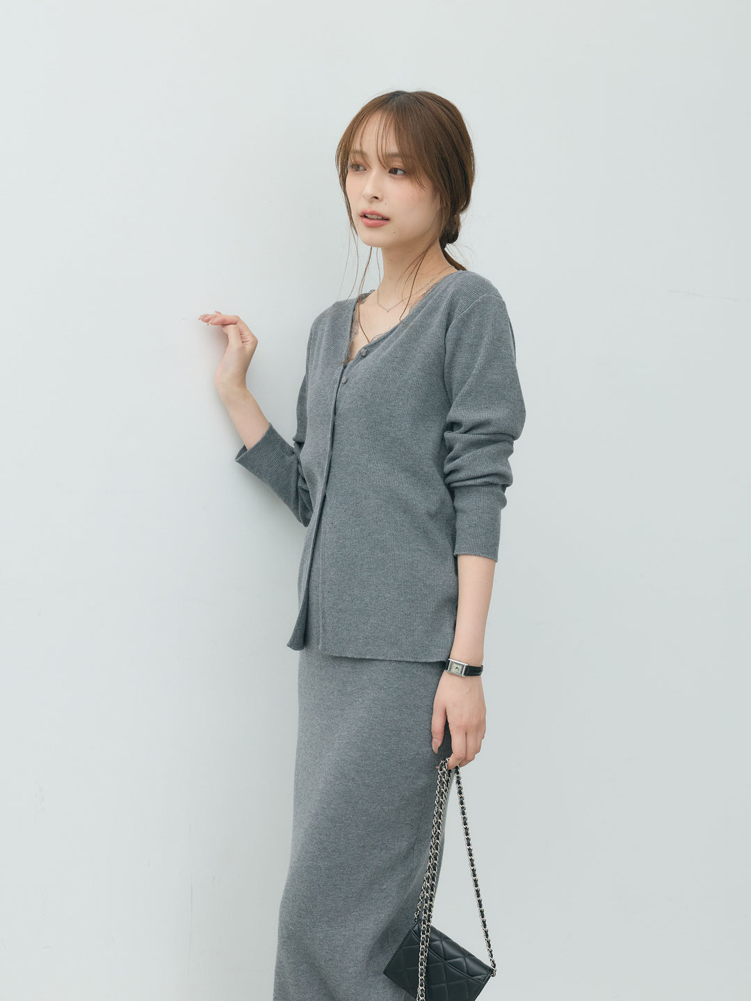 【Essential】Lace trim knit cardigan & Square neck knit one piece ensemble SET