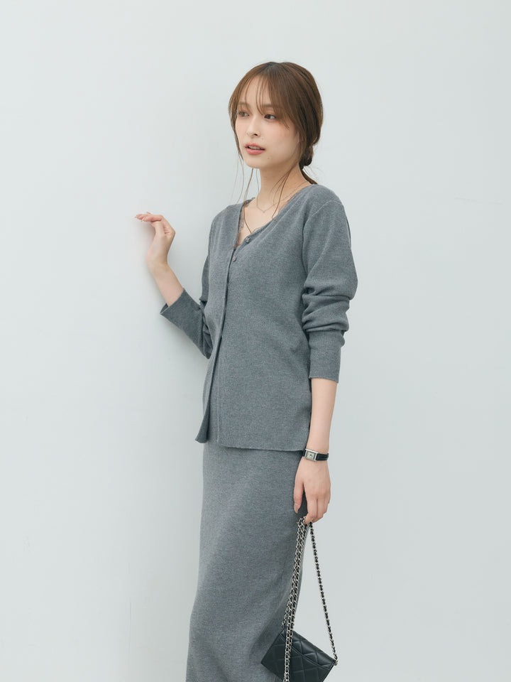 【Essential】Lace trim knit cardigan & Square neck knit one piece ensemble SET