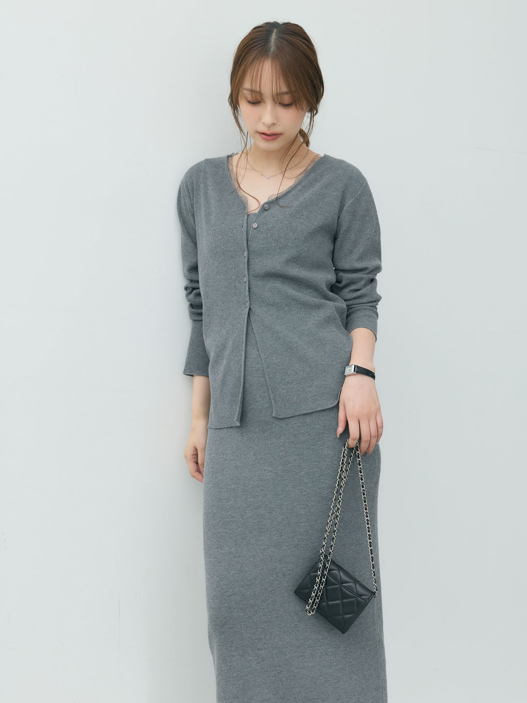 【Essential】Lace trim knit cardigan & Square neck knit one piece ensemble SET