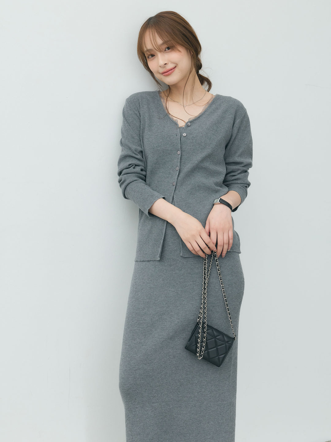 【Essential】Lace trim knit cardigan & Square neck knit one piece ensemble SET