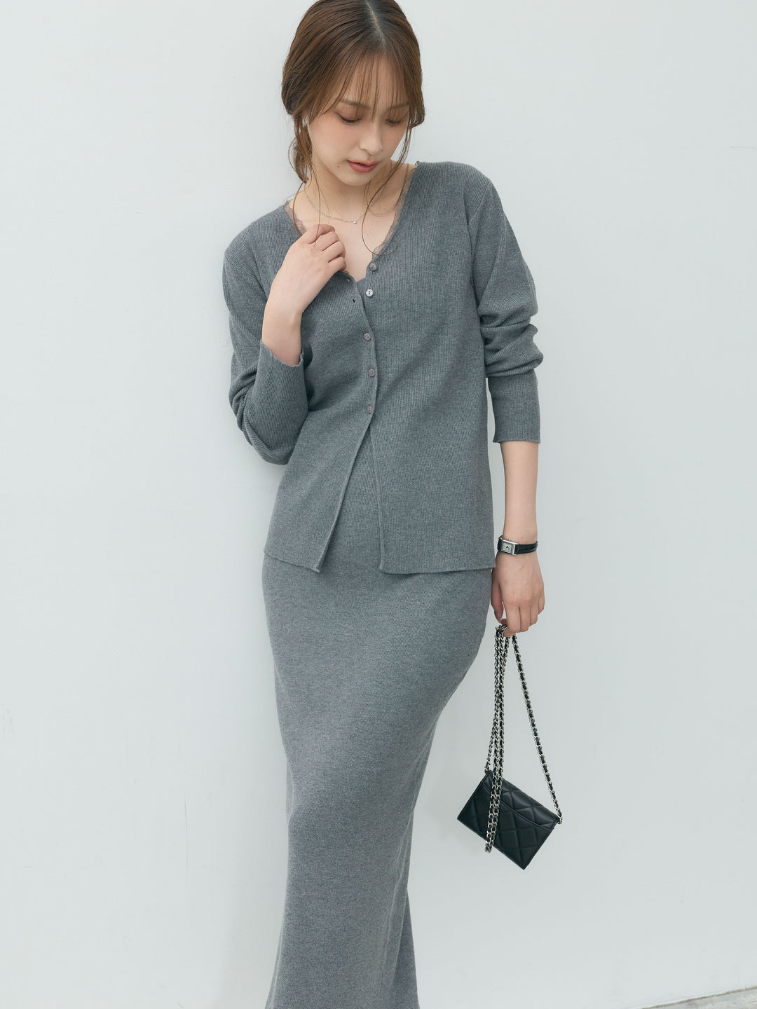 【Essential】Lace trim knit cardigan & Square neck knit one piece ensemble SET