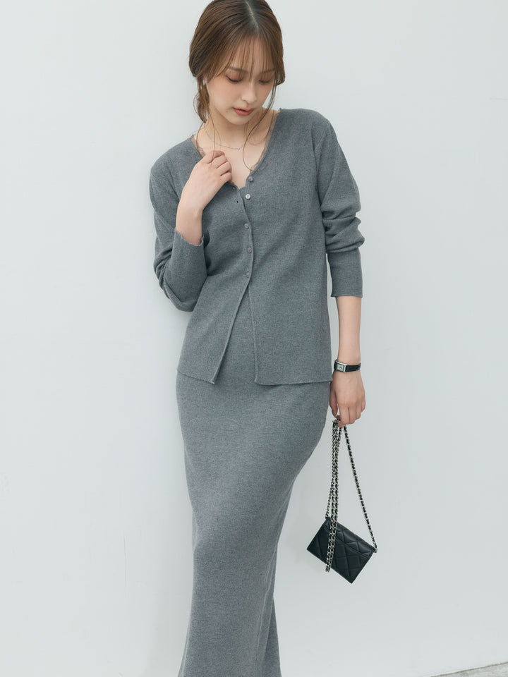 【Essential】Lace trim knit cardigan & Square neck knit one piece ensemble SET