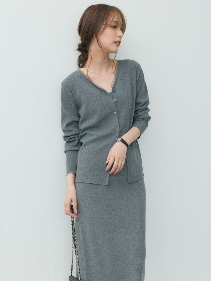 【Essential】Lace trim knit cardigan & Square neck knit one piece ensemble SET