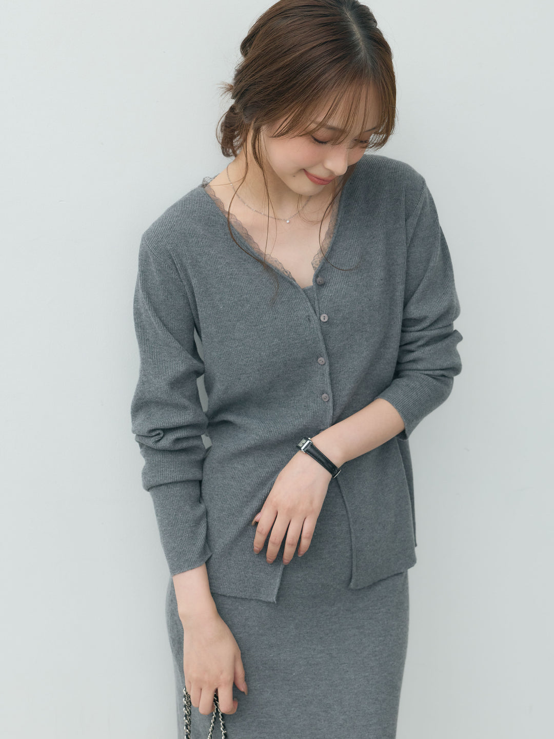 【Essential】Lace trim knit cardigan & Square neck knit one piece ensemble SET