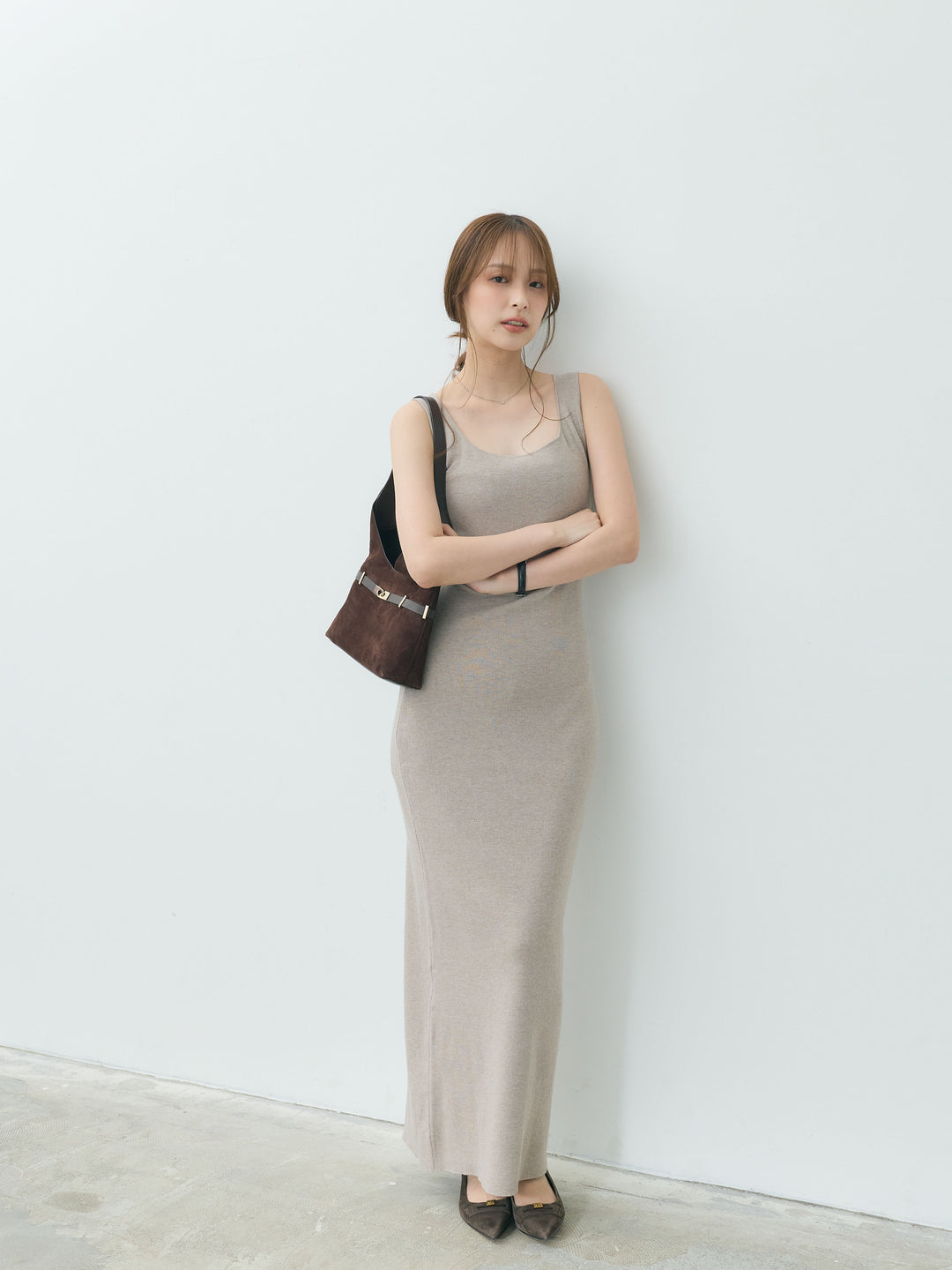 【Essential】Lace trim knit cardigan & Square neck knit one piece ensemble SET