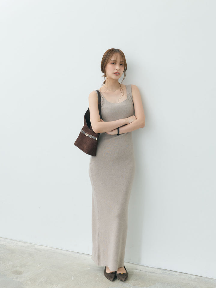 【Essential】Lace trim knit cardigan & Square neck knit one piece ensemble SET