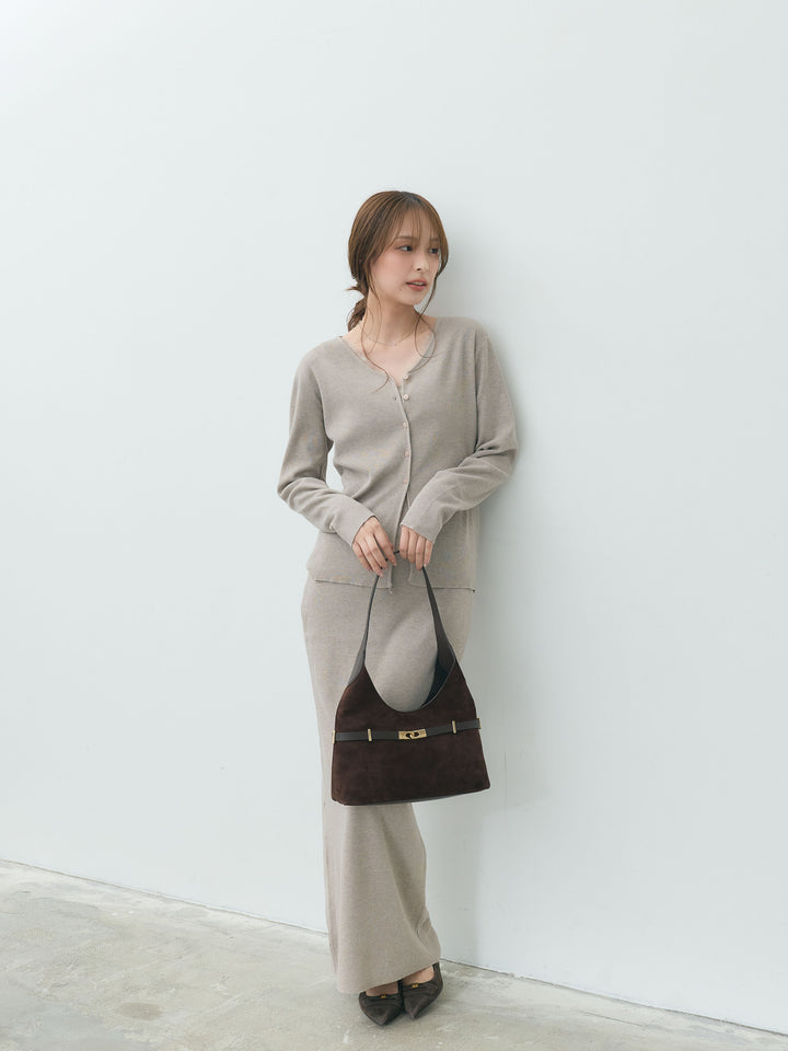 【Essential】Lace trim knit cardigan & Square neck knit one piece ensemble SET