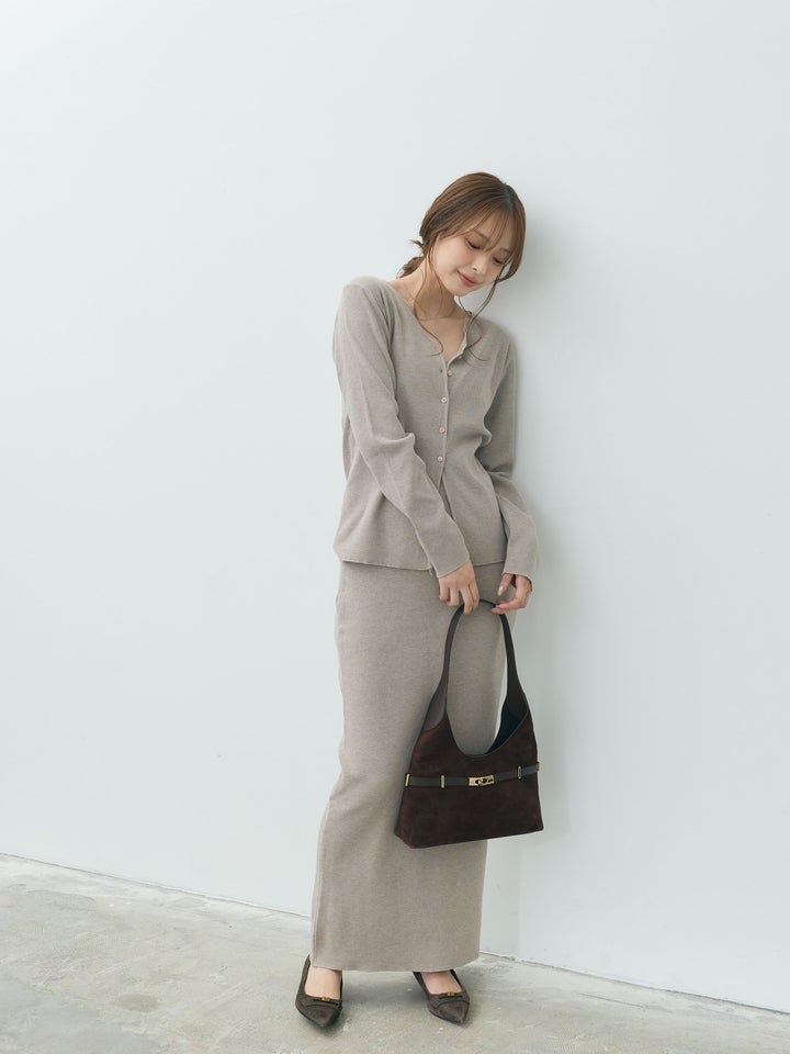 【Essential】Lace trim knit cardigan & Square neck knit one piece ensemble SET