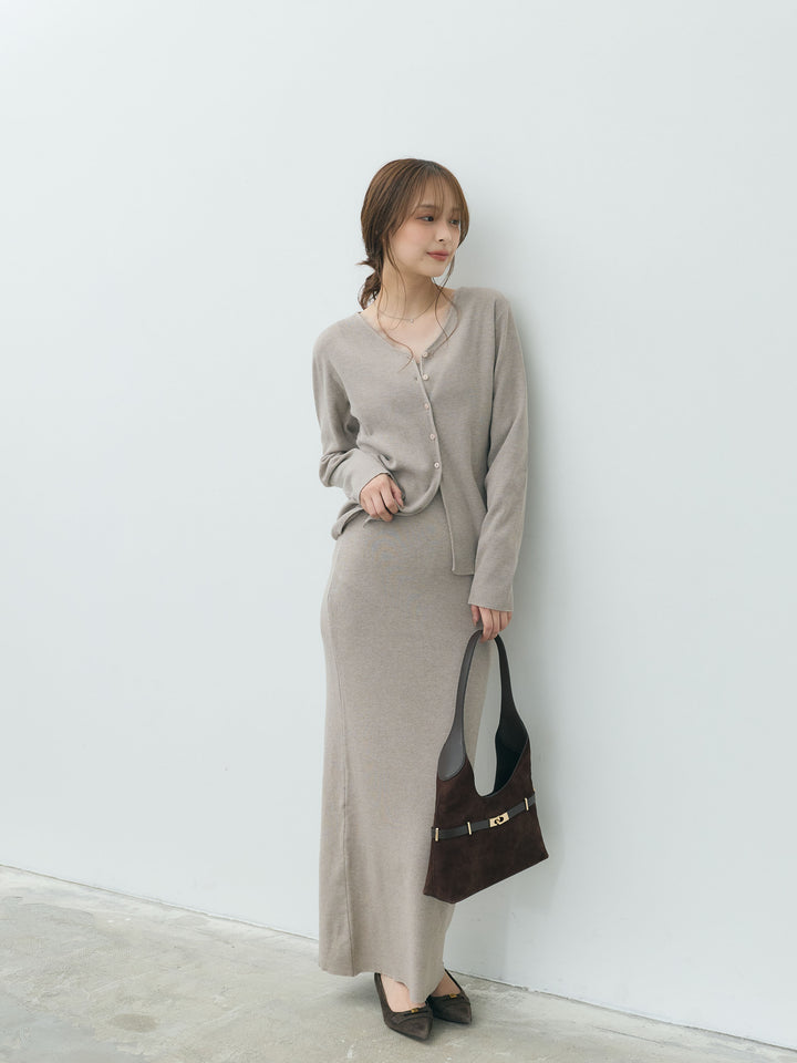 【Essential】Lace trim knit cardigan & Square neck knit one piece ensemble SET