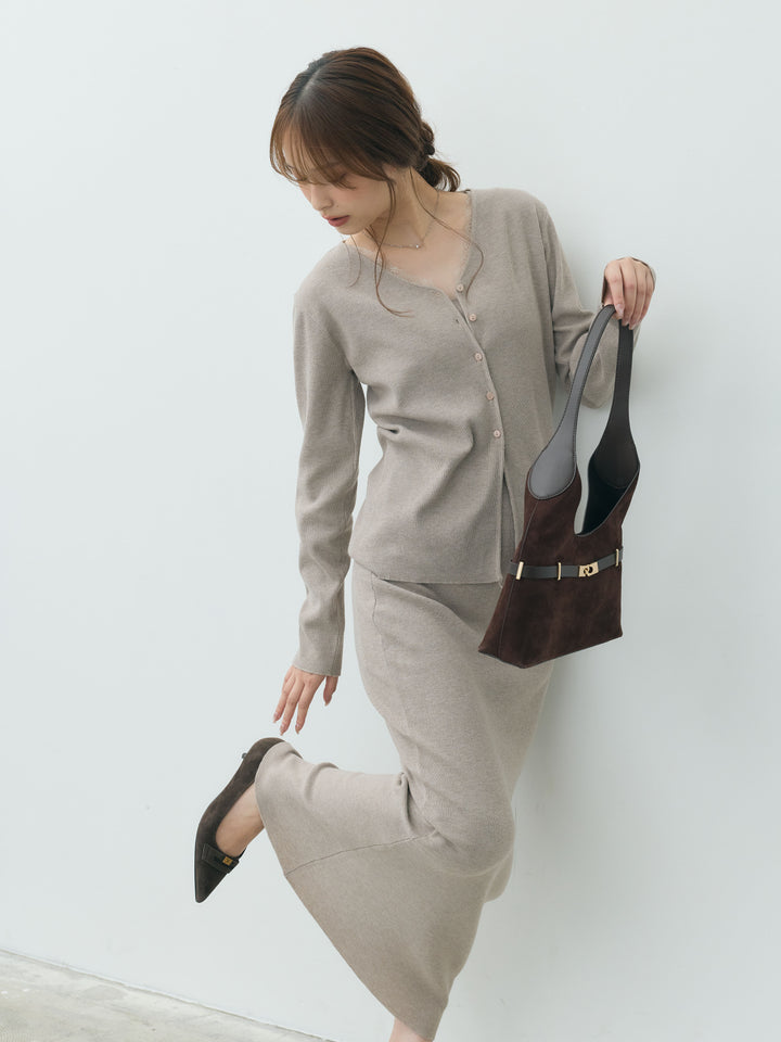【Essential】Lace trim knit cardigan & Square neck knit one piece ensemble SET