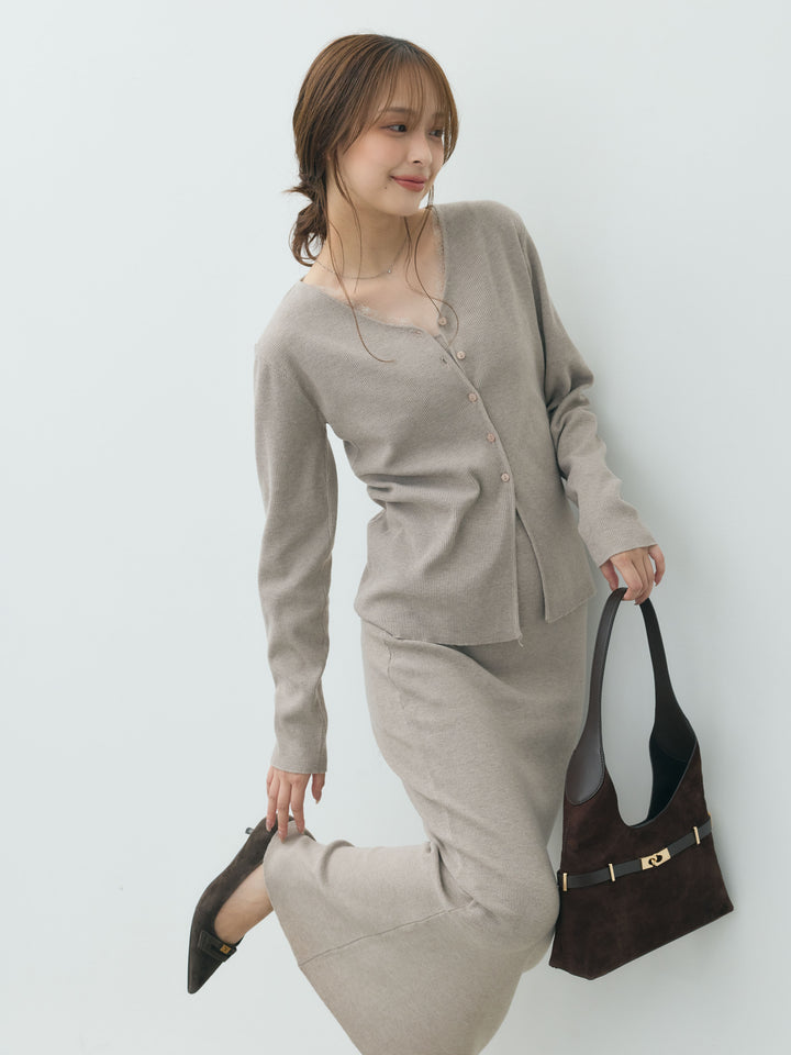 【Essential】Lace trim knit cardigan & Square neck knit one piece ensemble SET