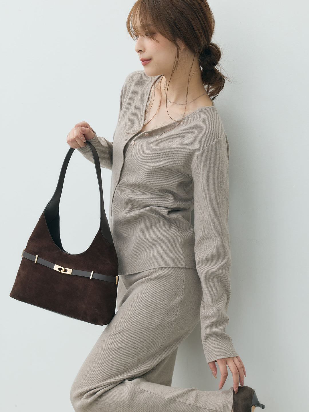 【Essential】Lace trim knit cardigan & Square neck knit one piece ensemble SET