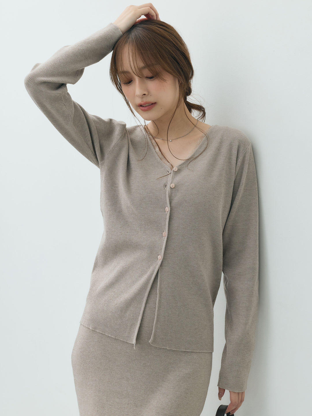 【Essential】Lace trim knit cardigan & Square neck knit one piece ensemble SET