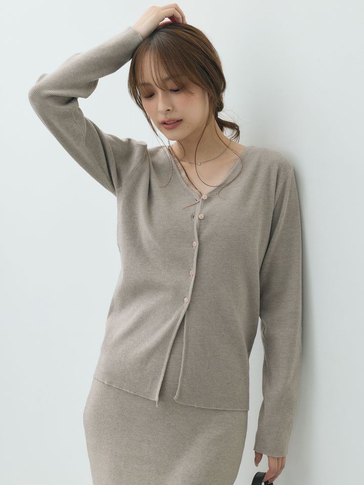 【Essential】Lace trim knit cardigan & Square neck knit one piece ensemble SET